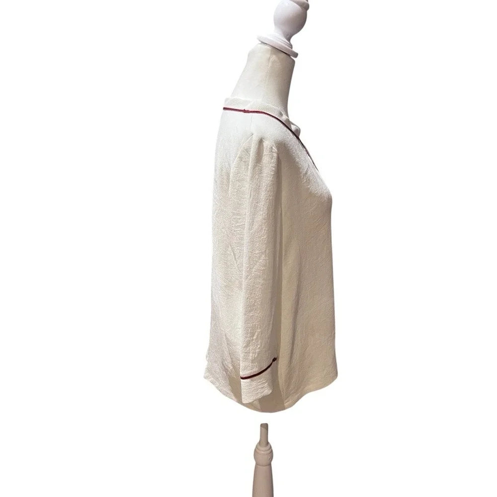 Maje White Crepe Dainty Keyhole‎ Minimalist Blouse Red Trim  3/4 Sleeve Medium